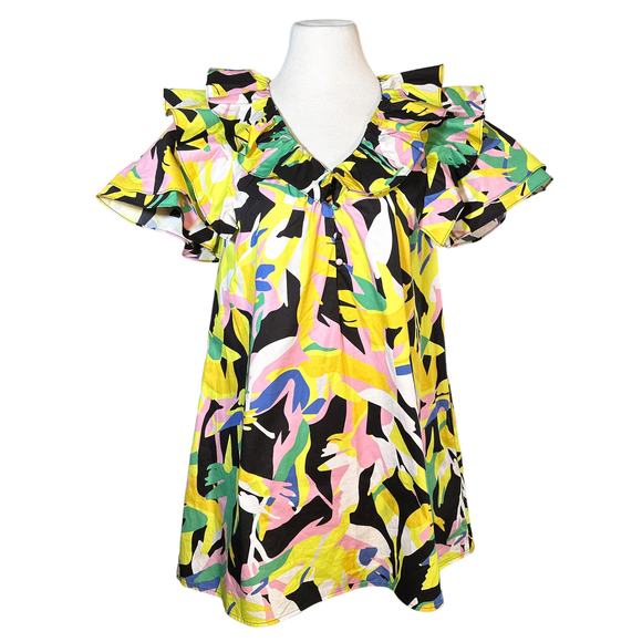 Crosby Isla Colorful Ruffle Short Sleeve V Neck Dress Exotic Tropics Print XS - Picture 2 of 14